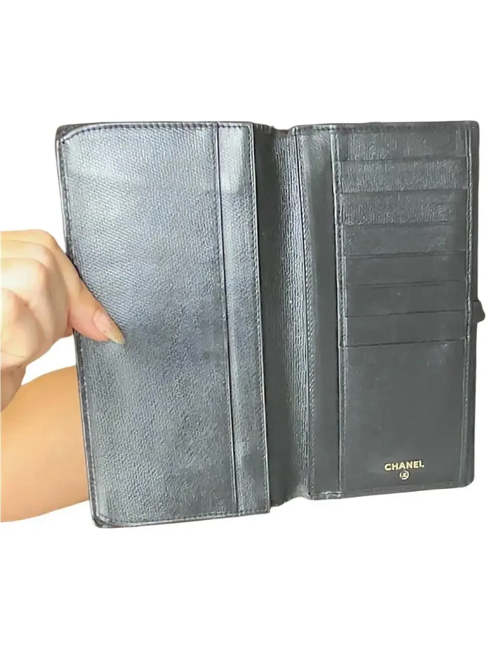 Chanel Black Leather Wallet with CC Logo Snap Closure